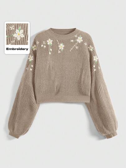 Fairycore Pastoral Floral Embroidery Crop Short Round Neck Long Sleeve Sweater