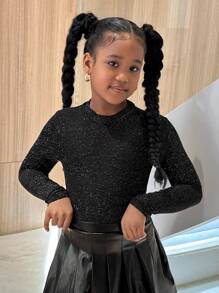 SHEIN Leap Crew Tween 女童都市休闲舒适针织圆点长袖上衣 - 黑色 - 查看 1