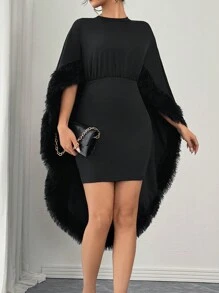 Chiquease Vestido de cóctel elegante y entallado para mujer para fiestas, banquetes y uso diario - Vestido mini con escote redondo, capa y parches de pelo para el otoño/invierno