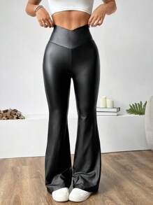 SHEIN EZwear Plus Size Casual Black V-Shape Waist Fitted Flare Pants - Black - View 1