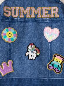 年轻女孩牛仔效果 3D 仿装饰前开翻领长袖夹克，时尚街头服饰，秋春 - 中等水洗藍 - 查看 5