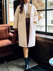 SHEIN Privé Plus Size Casual Turndown Collar Pockets Long Padded Coat, Suitable For Commuting, Autumn/Winter