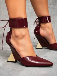CUCCOO SZL Pointed Toe Asymmetrical Heels Burgundy Women's High Heels, Badgirl Night Outfit, Street Style Sexy Party Date Spring Shoes Spring Break Easter Prom Heels For Christmas - Burgundy - View 3