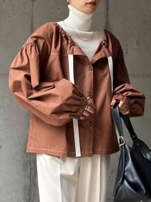 FRIFUL Women's Fall Drop Shoulder Single-Breasted Drawstring Casual Loose Regular Jacket Women Coats - Coffee Brown - View 5