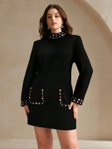Anewsta 1 chiếc váy ngắn màu đen cỡ lớn cho nữ, cổ lọ dài tay ôm vừa vặn họa tiết gạch - màu đen - Xem 6