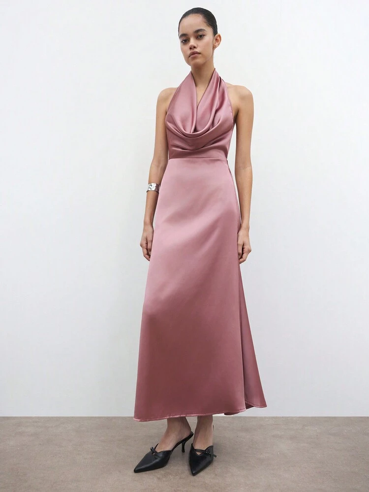 SHEIN Maija Elegant Backless Draped Neck Satin Weave Dress In Champagne Pink, For Parties, Weddings And Casual Everyday Wear