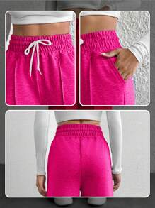 Cottnline Cotton Petite Drawstring Waist Wide Leg Pants - Hot Pink - View 4