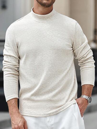 Manfinity Homme 男士纯色立领长袖休闲度假纯色休闲 T 恤秋季适合丈夫