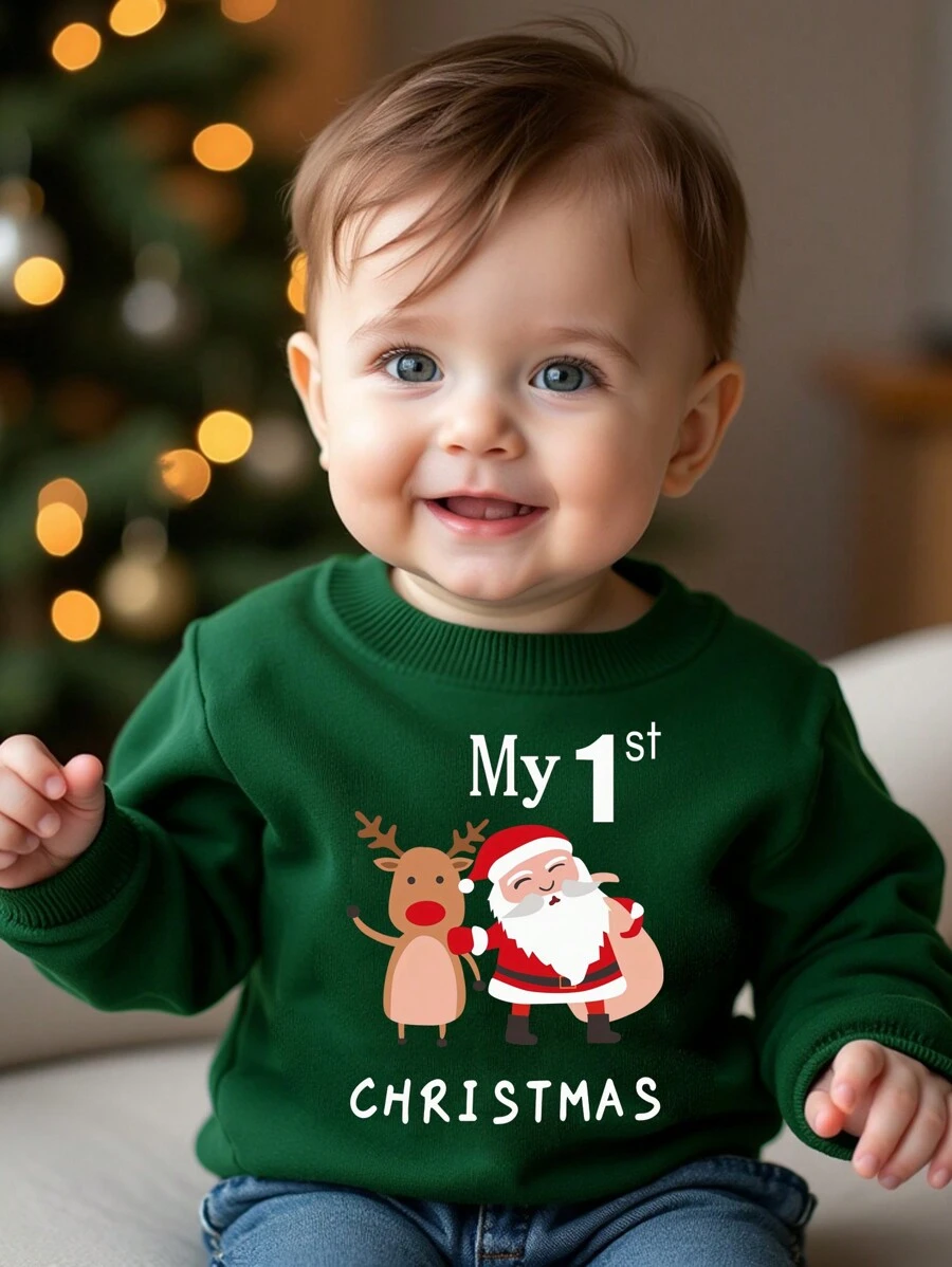 SHEIN 圣诞节男婴休闲可爱卡通圣诞老人与驯鹿印花基本款圆领卫衣 - 墨綠色 - 查看 1