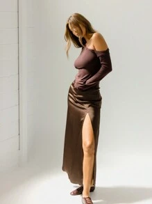 Aralina 缎面裹身高腰前开衩长裙