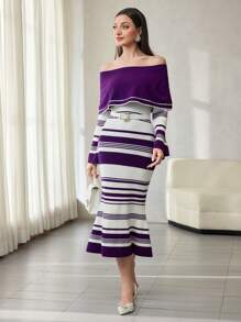 Modelyn Ruffle Off Shoulder Långärmad Stickad Klänning, Kontrastfärg Slimming Fish Tail Lång Klänning - Multifärgad - Visa 7