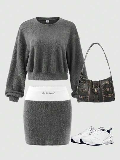 SHEIN Conjunto deportivo de top y falda de moda casual tipo streetwear para adolescentes, estilo de calle de otoño/invierno