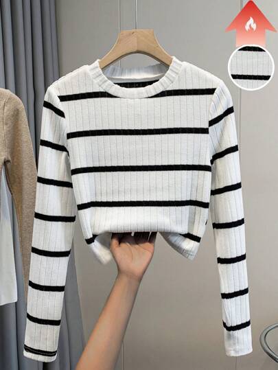 Everyssa Camiseta casual holgada de cuello redondo de manga larga con costillas, camisetas gráficas para mujer de otoño/invierno, tops para mujer en primavera