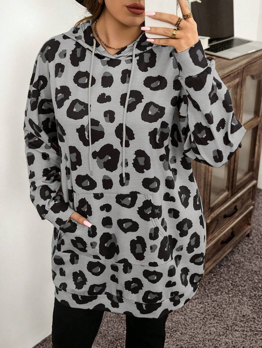 SHEIN LUNE 大码女式豹纹长袖抽绳连帽衫，带口袋，秋季假期新年冬装