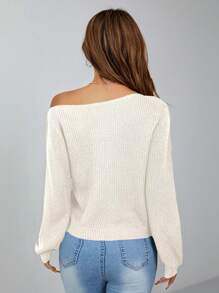 SHEIN PETITE 套头斜肩罗纹女式毛衣，长袖上衣 - 米色 - 查看 2