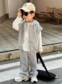 SHEIN 3 件套 Tween 男童休闲纯色连帽背心夹克、圆领长袖 T 恤和宽松直筒运动裤针织 3 件套 - 彩色 - 查看 5