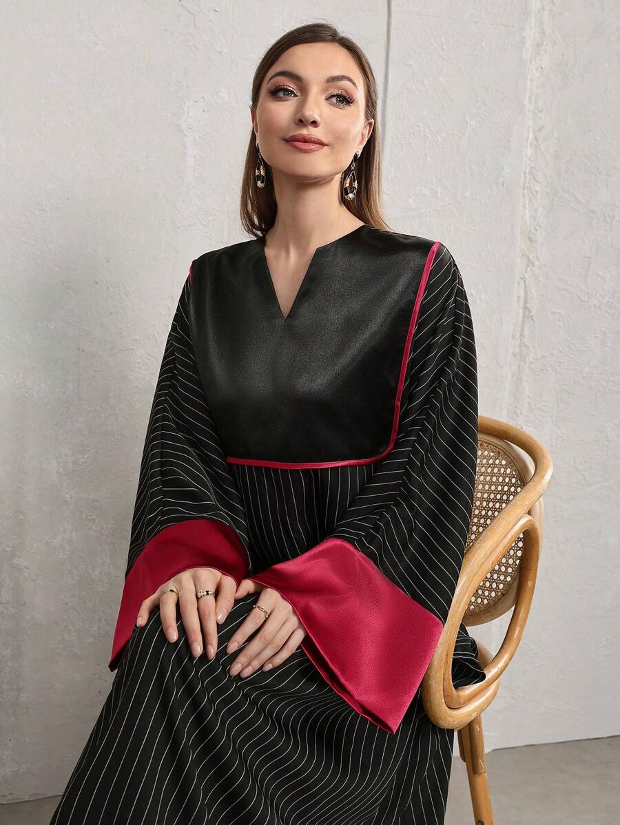 Al Najma 保守土耳其条纹拼接通勤长袍 - 黑色 - 查看 1