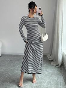 Elenzga Robe longue en tricot décontractée élégante avec décolleté rond et dos en V avec nœud pour femme - Noir et Blanc - Voir 6