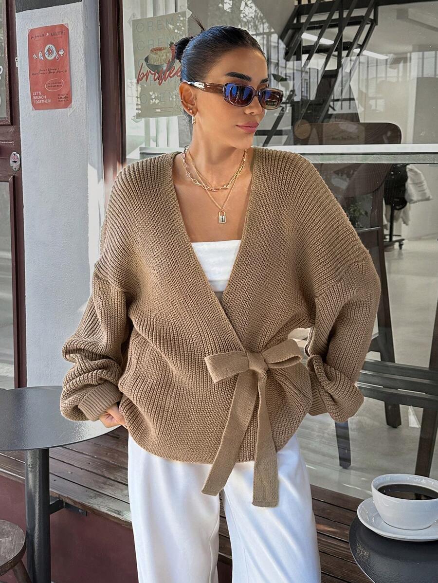 SHEIN Tall Drop Shoulder Knot Side Cardigan - Khaki - View 1