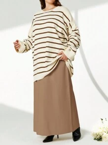 SHEIN Cottnline Striped Pattern Drop Shoulder Sweater & Knit Skirt - Brown - View 3