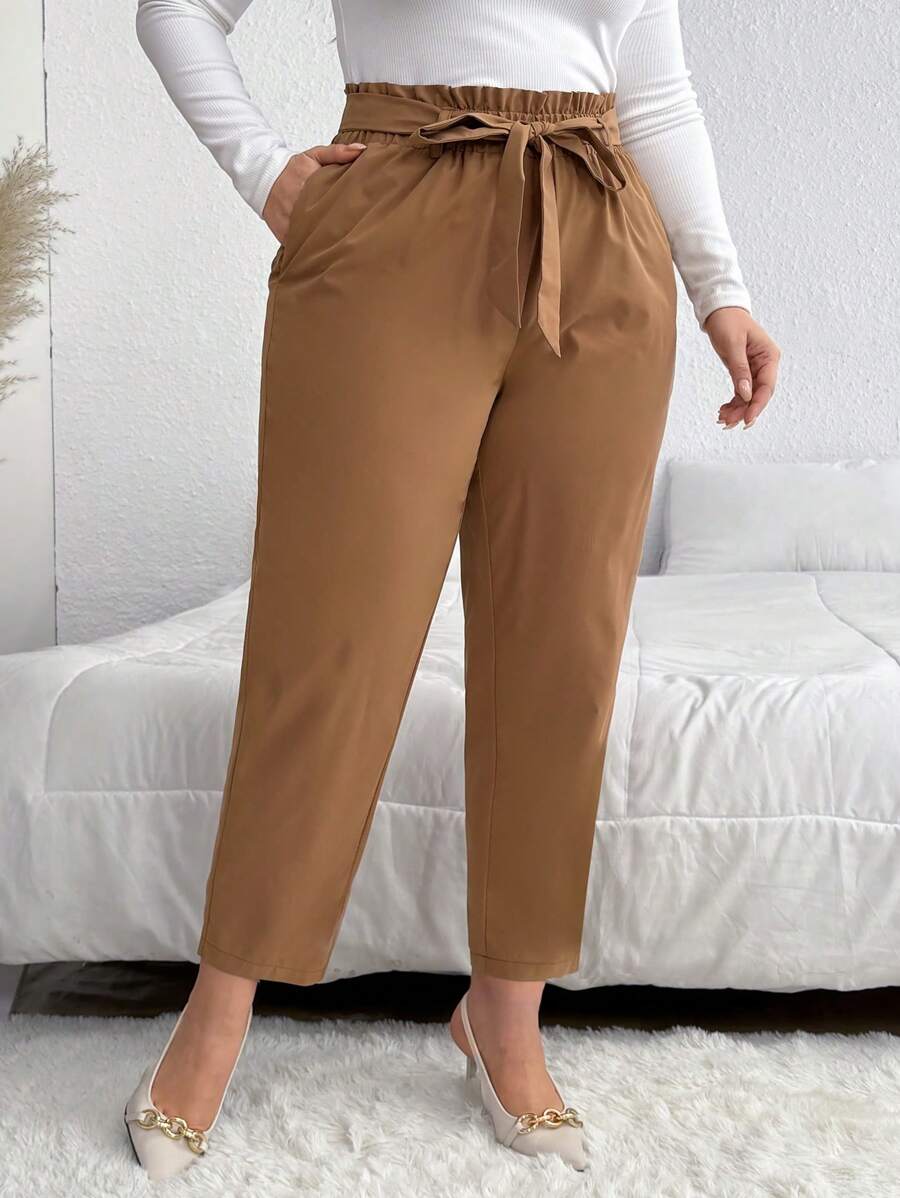 SHEIN Privé 大码女式纯色贴袋直筒宽松休闲通勤长裤 - 卡其色 - 查看 1