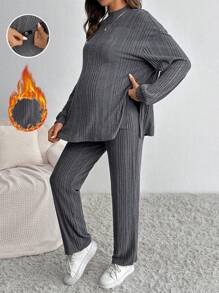 SHEIN Maternity Ribbed Long Sleeve Tee And Pants Set, 2pcs, Suitable For Autumn - Grey - View 1