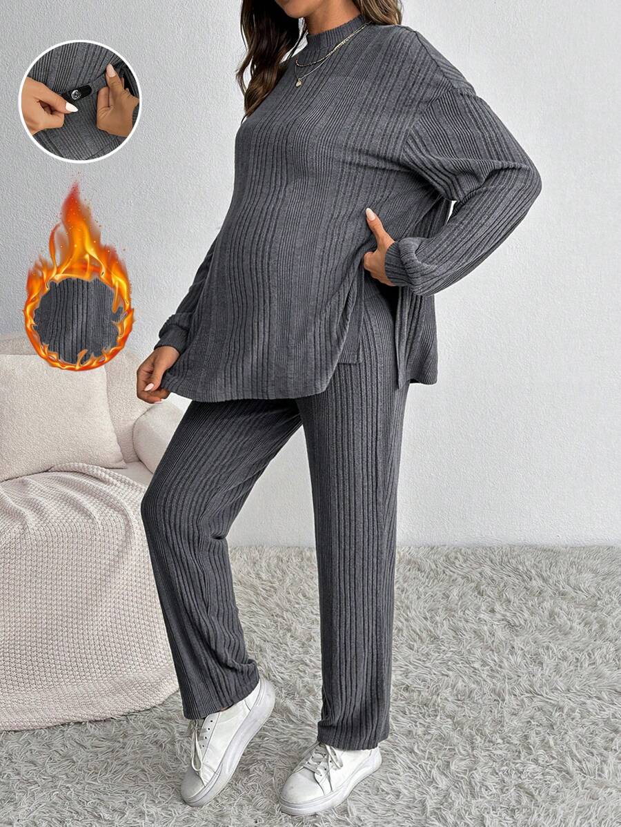 SHEIN Maternity Ribbed Long Sleeve Tee And Pants Set, 2pcs, Suitable For Autumn - Grey - View 1