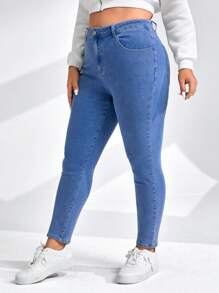 SHEIN Essnce Quần jean bó lót vải denim dày co giãn, giữ nhiệt cỡ lớn cho nữ mùa lễ Tạ ơn Giáng sinh Thu/Đông - Rửa trung bình - Xem 5