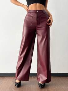 SHEIN PETITE Women's Retro Leather Trousers Suitable For Autumn And Winter - Red - View 5