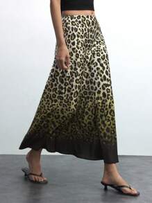 Maija Falda tipo A elegante para mujer con estampado digital de leopardo sobre base verde, adecuada para fiestas, el Día de San Valentín, festivales, primavera/verano
