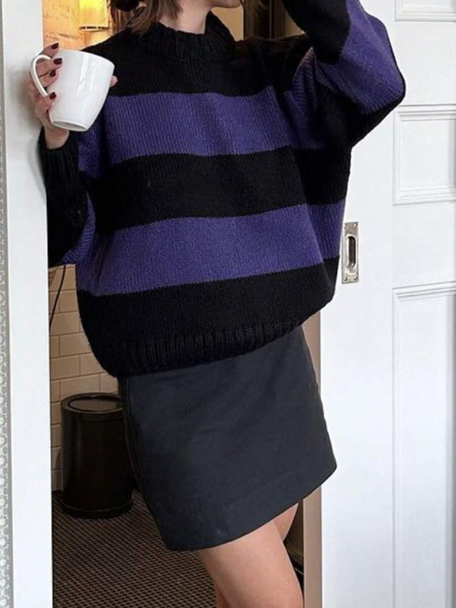 INAWLY بلوزة كنزة صوفية نسائية كبيرة الحجم بياقة مستديرة وأكمام طويلة منسدلة وفضفاضة وكاجوال، بتصميم مخطط، للخريف والشتاء، بتريكو