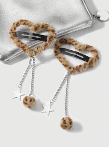 ROMWE Kawaii 2 件 Y2K 复古可爱时尚学院风毛球、星星链、豹纹、心形发夹、刘海夹，适合女性、日常佩戴、节日礼物情人节爪夹发夹 - 棕色 - 查看 9