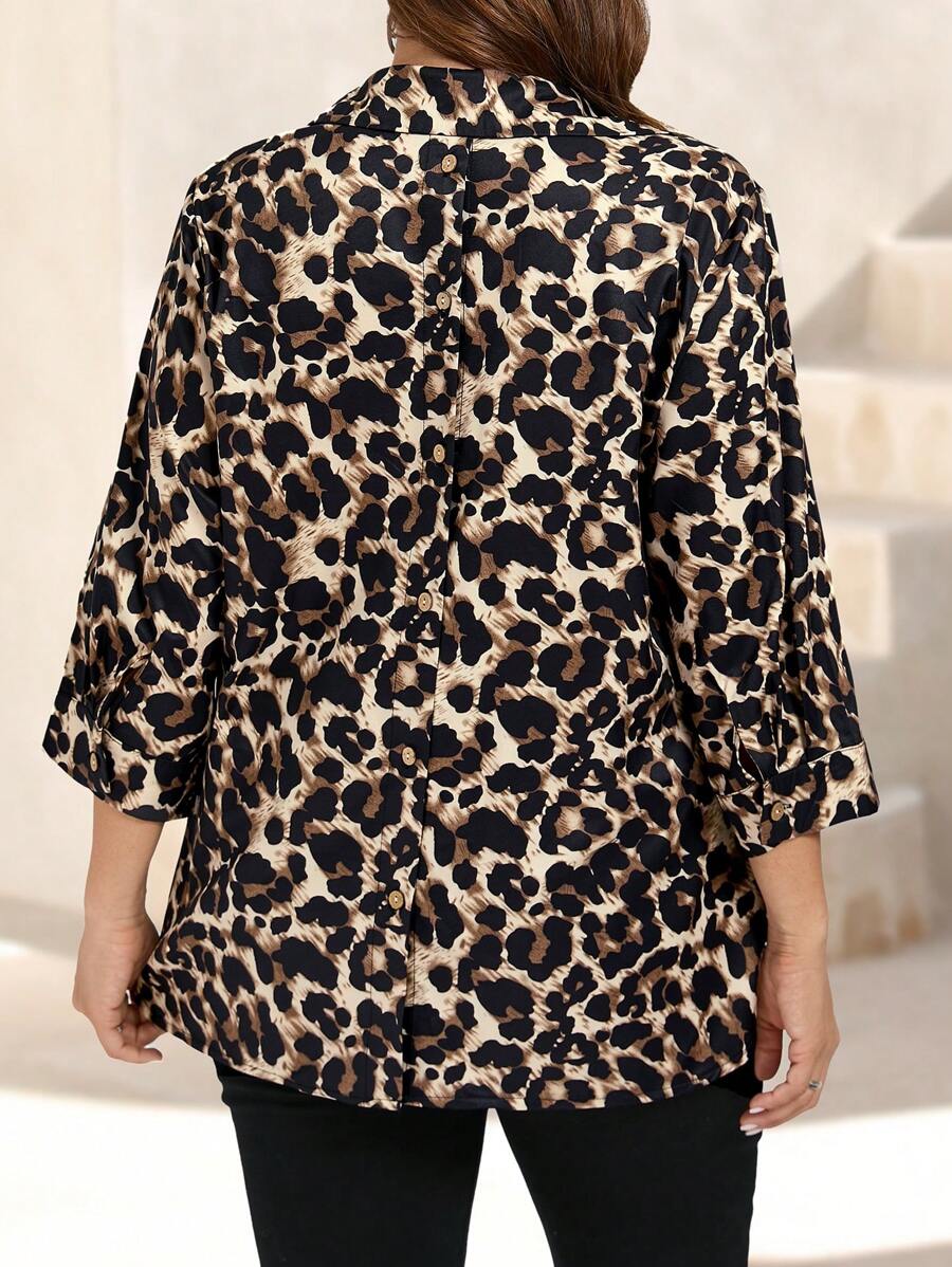 Plus Size Animal Print 3/4 Sleeve Shirt With Button Back Design - Multicolor - View 1