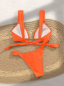 SHEIN 1Set Women Solid Color Wide Strap Bikini Top And Bottom Swimwear Summer - Orange - View 2