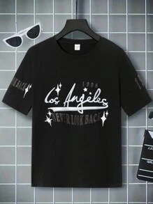 SHEIN Boys Graphic Print Round Neck Short Sleeve Casual Sports T-Shirt - Black - View 1
