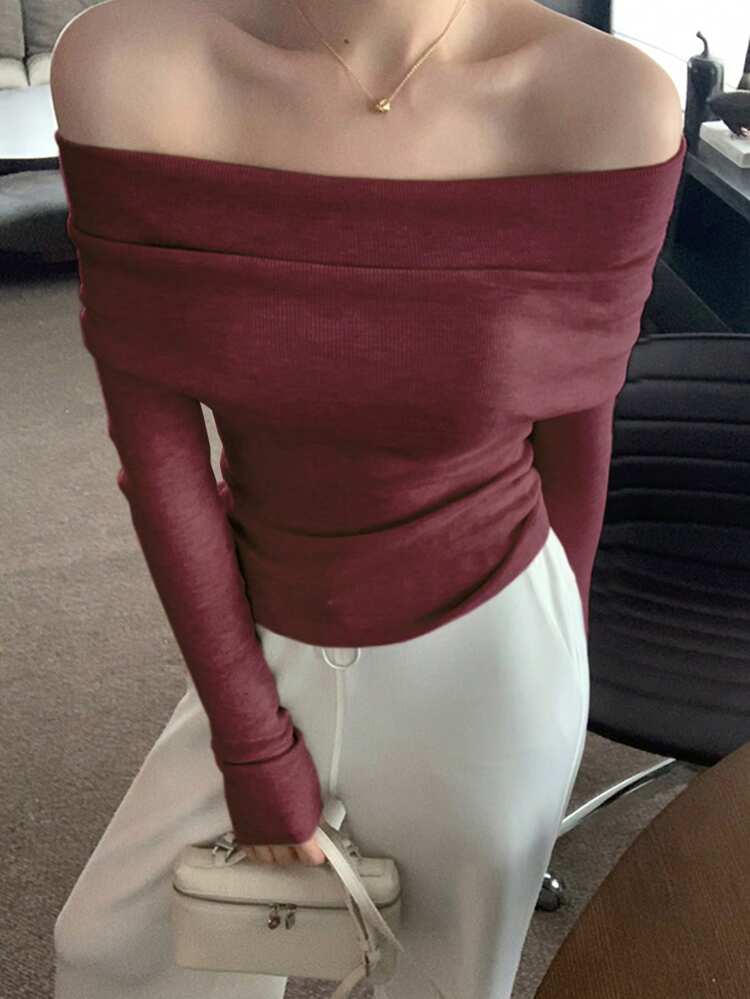 Women's Off Shoulder Long Sleeve Fitted Sweater, Casual For Chinese New Year, Autumn/Spring,Fall Women Clothes