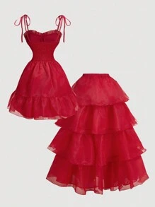 SHEIN MOD Đầm hai dây thanh lịch nhiều lớp buộc phía trước màu trơn cho nữ - Đỏ - Xem 8