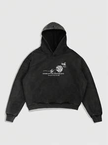 ROMWE MEN Goth 男士休闲骷髅与花卉印花连帽衫，适合日常穿着，秋季