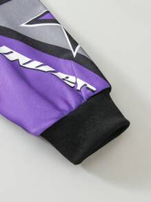 SHEIN Young Girls Fashion Color Block Letter Print Short Loose Stand Collar Zip-Up Biker Jacket, Suitable For Autumn, Purple Jacket