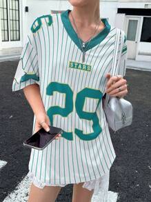 INAWLY Women's New V-Neck Casual Sports Letters And Pattern Stitching Oversized Loose Short-Sleeved Pink T-Shirt Graphic Tees Women Tops - Green - View 5