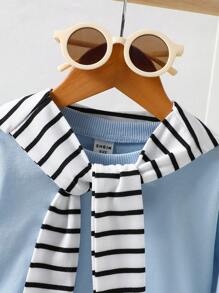 Baby/Infant Casual Comfy Blue T-Shirt With Removable Striped Shawl, Autumn & Winter Everyday Outfit - Blue - View 3