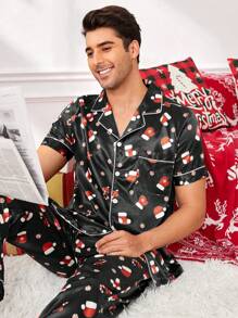 CoupledUp Ensemble de pyjamas avec col châle en faux soie avec imprimé d'éléments de Noël dessin animé pour hommes