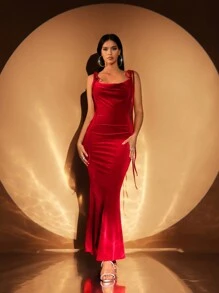 SHEIN SXY 秋季女装；1 件女式纯色细肩带系带休闲超长连衣裙，适合秋冬季分层搭配、鸡尾酒会、浪漫约会、正式聚会、伴娘礼服、夜间外出、圣诞节假期派对礼服；新年前夜礼服；新年女装；美人鱼礼服 - 紅色 - 查看 3