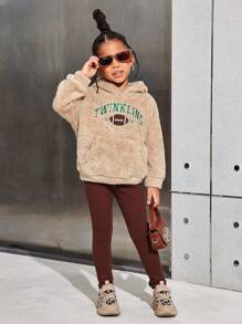 Young Girl Casual Double-Faced Fleece Hoodie Top With Embroidery And Solid Color Knit Leggings Set