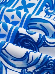 Swim Oasis 1pc Luxurious Boho Floral Print Ruffle Sleeve Premium 2 Pieces Swimsuit Set Summer - Blue and White - View 8