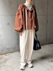 FRIFUL Women's Fall Drop Shoulder Single-Breasted Drawstring Casual Loose Regular Jacket Women Coats - Coffee Brown - View 2