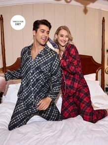 CoupledUp Ensemble pyjama homme à manches longues et pantalon à motif damier col chemise - Multicolore - Voir 7