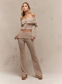 MISSGUIDED Ribbed Button Front Off Shoulder Co Ord Set Long Sleeve Crop Top High Waist Flare Pants Winter Fall Spring Casual Outfit - Khaki - View 1