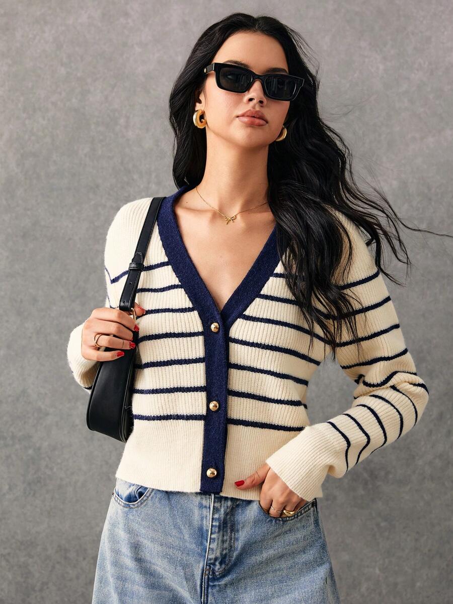 Poéselle 条纹毛衣，深蓝色条纹开衫毛衣，女士毛衣，1 件女士宽松休闲条纹长袖纽扣开衫，秋冬，休闲时尚，海军蓝风格，面料舒适温暖，秋冬必备，适合日常、街头、通勤、家居等场合穿着