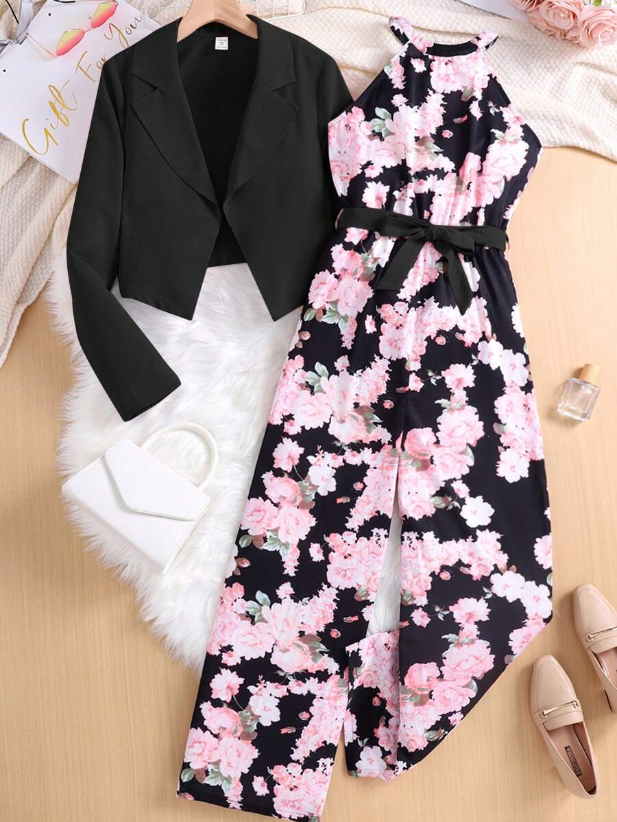 Teen Girls 2pcs Set Asymmetrical Hem Blazer & Loose Pants Suit With Floral Print, Elegant For & Commute, Autumn/Winter - Black - View 1